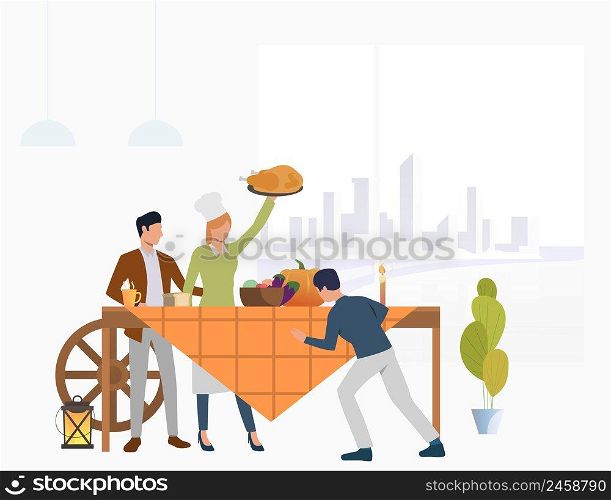 Family gathered at feast table. Male and female cartoon characters celebrating Thanksgiving day. Vector illustration for banner, postcard, advertising