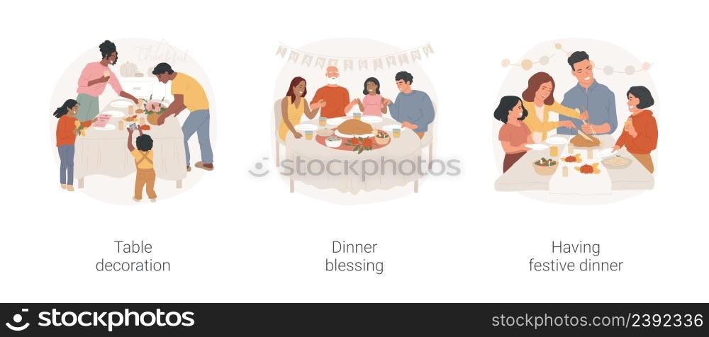 Family gathering isolated cartoon vector illustration set. Family decorate table for Thanksgiving Day celebration, festive dinner blessing, holding hands and praying at the table vector cartoon.. Family gathering isolated cartoon vector illustration set.