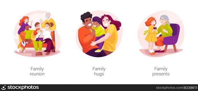 Family gathering isolated cartoon vector illustration set. Family reunion, relatives sit together in living room, giving hugs to each other, generations gathering, giving presents vector cartoon.. Family gathering isolated cartoon vector illustration set
