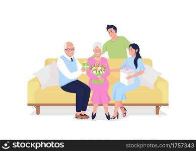 Family generations celebrate holiday together flat color vector detailed characters. Mature parents with adult children. Mothers day isolated cartoon illustration for web graphic design and animation. Family generations celebrate holiday together flat color vector detailed characters