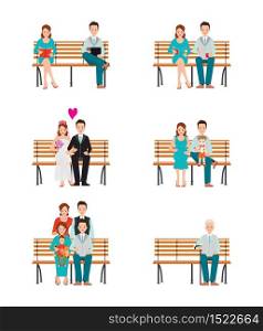 Family Generations Development Stages Process Over Time, Stages of life of young couple, childhood friendship, first date and wedding, first baby, old parents and adult son, Detailed character people vector illustration.