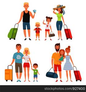 Family goes at summer vacations. Happy family travelling. Family vacation travel with luggage, vector illustration. Family goes at summer vacations. Happy family travelling