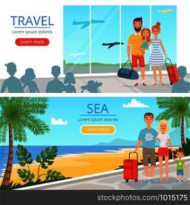 Family goes at vacations. Peoples at airport. Vector banners of travel concept illustrations. Vacation family, people in airport. Family goes at vacations. Peoples at airport. Vector banners of travel concept illustrations