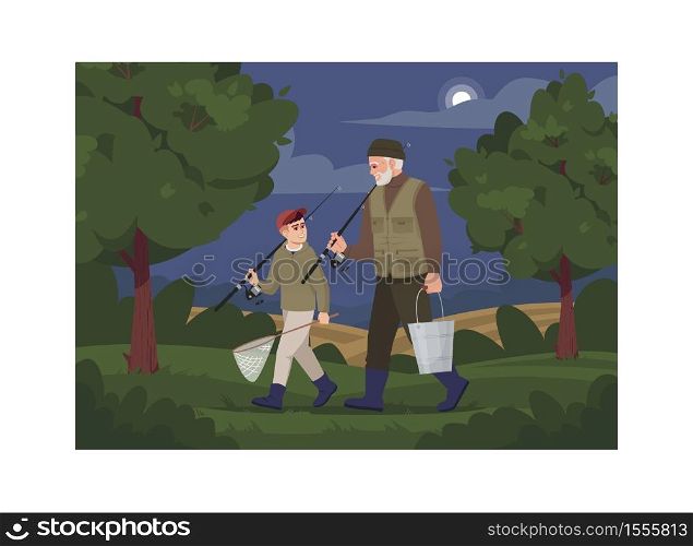 Family going fishing in evening semi flat vector illustration. Rural lifestyle. Summer activity in village. Grandson with grandfather with fishing rods 2D cartoon characters for commercial use. Family going fishing in evening semi flat vector illustration