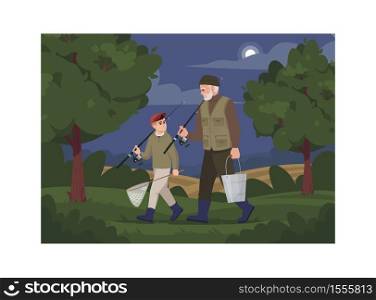 Family going fishing in evening semi flat vector illustration. Rural lifestyle. Summer activity in village. Grandson with grandfather with fishing rods 2D cartoon characters for commercial use. Family going fishing in evening semi flat vector illustration