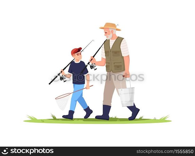Family going fishing semi flat RGB color vector illustration. Rural lifestyle. Summer activity in village. Grandson with grandfather with fishing rods isolated cartoon characters on white background. Family going fishing semi flat RGB color vector illustration