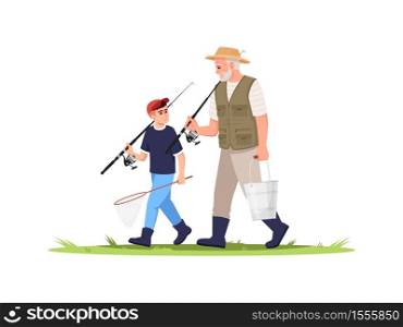 Family going fishing semi flat RGB color vector illustration. Rural lifestyle. Summer activity in village. Grandson with grandfather with fishing rods isolated cartoon characters on white background. Family going fishing semi flat RGB color vector illustration