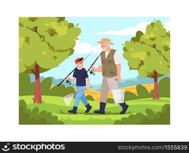 Family going fishing together semi flat vector illustration. Rural lifestyle. Summer activity in village. Grandson with grandfather with fishing rods 2D cartoon characters for commercial use. Family going fishing together semi flat vector illustration
