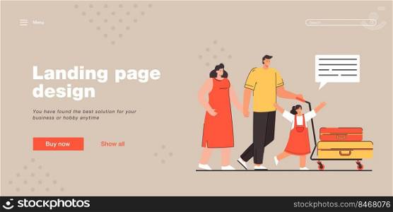 Family going on vacation vector illustration. Happy family carrying baggage. Husband holding wifes had, daughter jumping joyfully. Travelling concept for banner, website design or landing web page