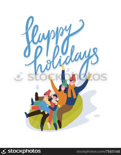 Family going snow tubing isolated on white. Sitting father and mother with children on rubber ring with rising up hands. Happy holidays card vector. Family Going Snow Tubing