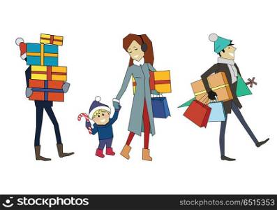 Family Going with Presents. Person and Gift Boxes. Family going with presents. Man, woman, child and person with gift boxes isolated on white background. Christmas and new year holiday concept. Big seasonal sale. Discount special offer. Vector