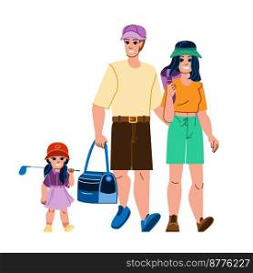 family golf vector. outdoors course, happy activity, caucasian game, female leisure, male person, child lifestyle family golf character. people flat cartoon illustration. family golf vector