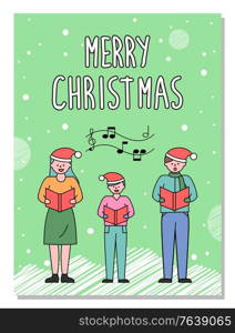 Family greeting with traditional winter holiday called xmas. White vector caption Merry Christmas on green background with people, postcard. Mother, father and child holding boxes with presents. Family Greet with Christmas, Merry Xmas Postcard