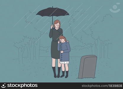 Family grief and loss concept. Sad crying mother and daughter standing on cemetery near fathers grave feeling depressed and broken with loss vector illustration. Family grief and loss concept