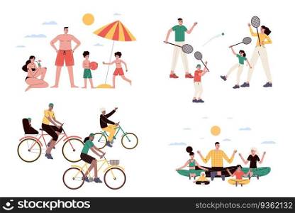 Family group activities. Happy cartoon parents with little children do various hobbies on weekends. Summer outdoor trainings. Mother and father together with kids play ball. People leisure vector set. Family group activities. Happy parents with little children do various hobbies on weekends. Summer trainings. Mother and father together with kids play ball. People leisure vector set