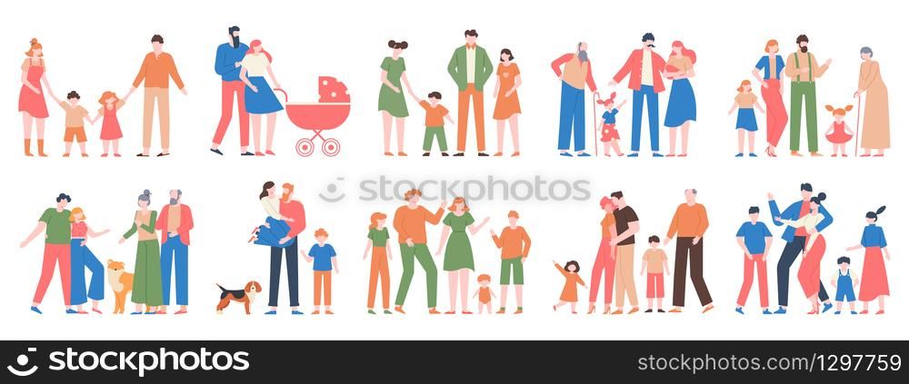 Family groups. Love family portraits, traditional families, mother, father, happy kids, different generations characters vector illustration set. Happy mother father together, portrait collection. Family groups. Love family portraits, traditional families, mother, father, happy kids, different generations characters vector illustration set