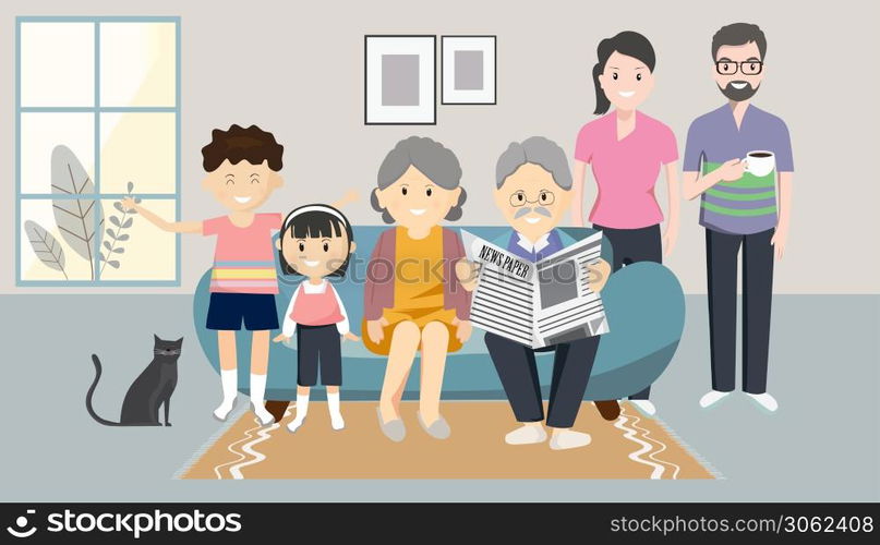 Family, happiness, generation, and people concept - a happy family sitting on a couch at home Avoid to the Outside house. The range outbreak control. The outbreak of the Covid-19. Is New normal