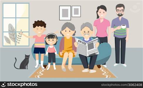 Family, happiness, generation, and people concept - a happy family sitting on a couch at home Avoid to the Outside house. The range outbreak control. The outbreak of the Covid-19. Is New normal