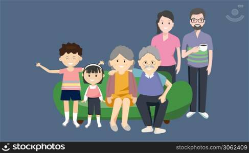 Family, happiness, generation, and people concept - a happy family sitting on a couch at home Avoid to the Outside house. The range outbreak control. The outbreak of the Covid-19. Is New normal