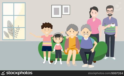 Family, happiness, generation, and people concept - a happy family sitting on a couch at home  Avoid to the Outside house. The range outbreak control. The outbreak of the Covid-19. Is New normal