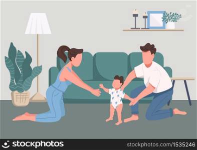 Family happy moments flat color vector illustration. Childcare and parenthood. Baby first steps. Young mother, father and child 2D cartoon characters with living room interior on background. Family happy moments flat color vector illustration