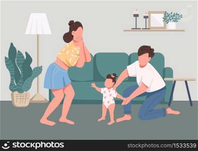 Family happy moments flat color vector illustration. Childcare and parenthood. Baby learning to walk. Young mother, father and child 2D cartoon characters with living room interior on background. Family happy moments flat color vector illustration