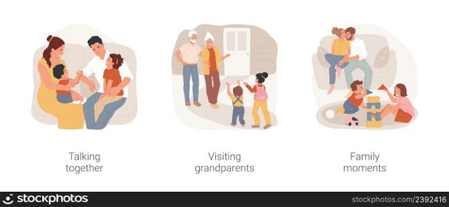 Family happy moments isolated cartoon vector illustration set. Family members talking together, sitting in living room, visiting grandparents, happy grandchildren, good moments vector cartoon.. Family happy moments isolated cartoon vector illustration set.