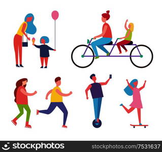 Family happy mother and child isolated icons set vector. Bicycle for two persons, couple jogging and keeping healthy lifestyle. Woman skating on board. Family Mother and Child Set Vector Illustration