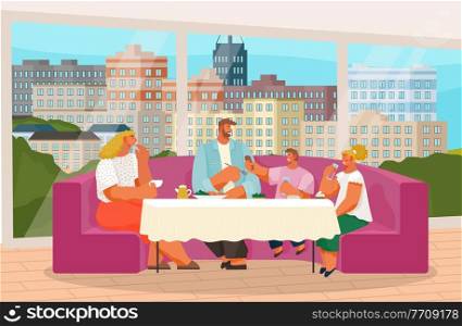 Family have lunch in restaurant or cafe, people eating delicious food and drinking lemonade, tea, parents spend leisure time at home sitting at soft sofa near panoramic windows with city view. Family have lunch in restaurant or cafe, people eating delicious food and drinking lemonade, tea