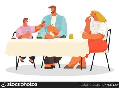 Family have lunch in restaurant or cafe, people eating delicious food, little boy give food to father, parents and children during dinner, people enjoy of meal, hungry father, mother and son eat. Family have lunch in restaurant or cafe, people eating delicious food little boy give food to father