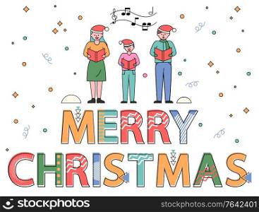 Family having fun and greeting each other with winter xmas holiday. Colorful vector caption merry christmas on white background with people. Mother, father and kid holding boxes with gifts inside. Family Greeting with Xmas, Merry Christmas Caption