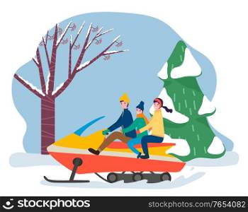 Family having fun outdoors, winter vacation for mother father and kid. People riding snowmobile through snow passing pine tree in forest. Snowmobiling couple and kid. Active lifestyle vector. Family on Winter Vacation Riding on Snowmobile