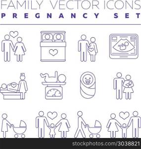 Family health care and pregnancy medicine thin line vector icons. Family health care and pregnancy medicine thin line vector icons. Family with pregnant woman, illustration of creation of young family