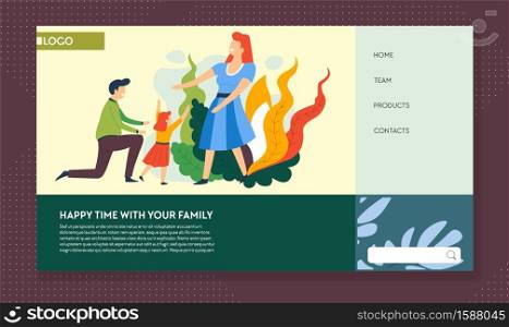 Family health care, travel and enjoying outdoor activities, landing web page template vector. Leisure and sport pastime, active walks. Spend time together, mother, father and kid, healthy lifestyle. Healthy lifestyle, family outdoor activities, landing web page