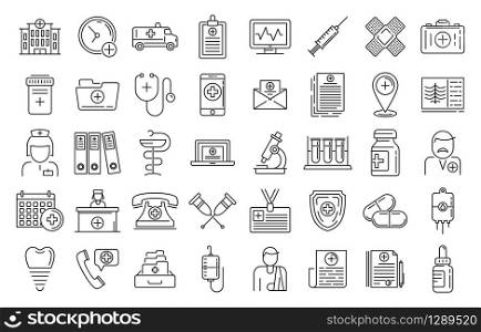 Family health clinic icons set. Outline set of family health clinic vector icons for web design isolated on white background. Family health clinic icons set, outline style