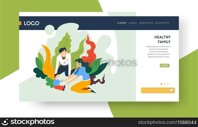 Family healthcare and health insurance, medical protection landing web page template vector. Providing security, safe lifestyle, accident prevention. Medical treatment and financial payment, emergency. Health insurance and family healthcare, medical protection landing web page