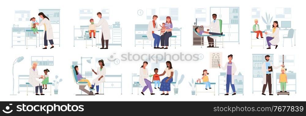 Family healthcare medical care icon with pediatric doctor vector. Parents with kid scenes set of child pediatric medical examination and treatment, doctor with patient, health check exam. Pediatric set. Family healthcare medical care icon with pediatric doctor. Kids medical examination and treatment