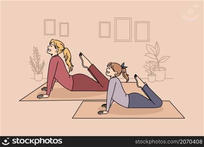 Family healthy lifestyle and yoga concept. Positive mother and daughter practicing yoga pilates or stretching at home together vector illustration . Family healthy lifestyle and yoga concept.