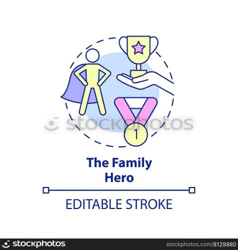 Family hero concept icon. Overachiever. Child role in dysfunctional families abstract idea thin line illustration. Isolated outline drawing. Editable stroke. Arial, Myriad Pro-Bold fonts used. Family hero concept icon