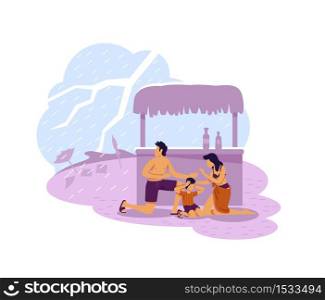 Family hiding from thunderbolt 2D vector web banner, poster. Natural disaster flat characters on cartoon background. Tropical climate, bad weather printable patch, colorful web element. Family hiding from thunderbolt 2D vector web banner, poster