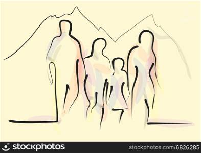 family hiking. abstract silhouette of four people