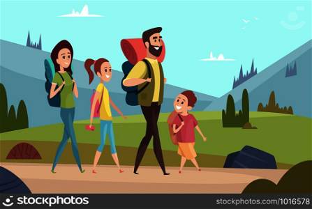 Family hiking background. Walking couples in mountains kids with parents tourists travellers outdoor adventure vector characters. Illustration of family hiking travel summer. Family hiking background. Walking couples in mountains kids with parents tourists travellers outdoor adventure vector characters