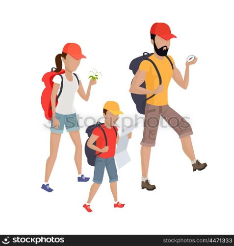 Family Hiking Concept Illustration.. Family hiking concept illustration. Vector flat design. Parents going camping with child. Outdoor holiday with wife and son. Recreation in nature with backpacks. Travel weekend on the wild. Isolated.