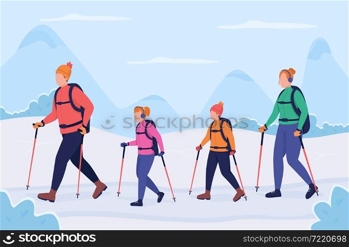 Family hiking in winter flat color vector illustration. Active outdoor recreation. Parents with children on nordic walk in mountains 2D cartoon characters with wintertime hills on background. Family hiking in winter flat color vector illustration