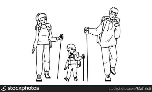 family hiking line pencil drawing vector. boy son, adventure father, mother nature, man outdoors, together, walking, children family hiking character. people Illustration. family hiking vector