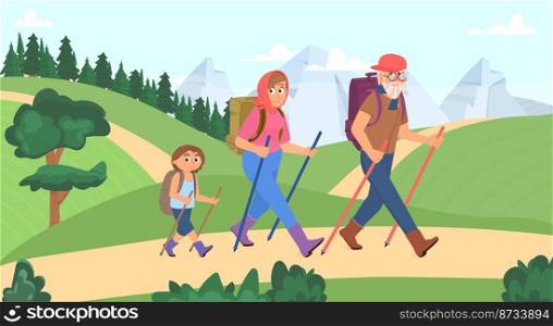 Family hiking. Nature forest trail, sport c&journey on holiday. People exploration outdoor world. Tourists with backpacks, decent vector scene. Illustration of forest outdoors. Family hiking. Nature forest trail, sport c&journey on holiday. People exploration outdoor world. Tourists with backpacks, decent vector scene