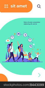 Family hiking or location app concept. Father, mother and children walking outdoors, carrying backpacks and picnic basket. Vector illustration for camping, adventure travel, active hikers topics