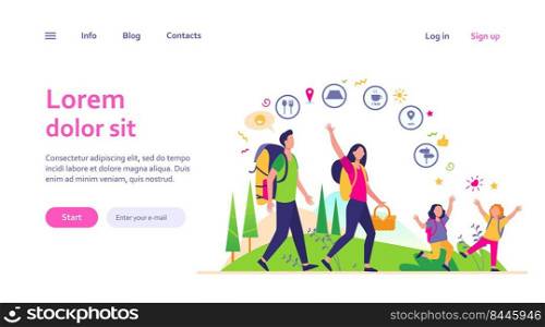 Family hiking or location app concept. Father, mother and children walking outdoors, carrying backpacks and picnic basket. Vector illustration for camping, adventure travel, active hikers topics
