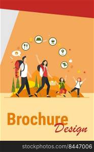 Family hiking or location app concept. Father, mother and children walking outdoors, carrying backpacks and picnic basket. Vector illustration for c&ing, adventure travel, active hikers topics