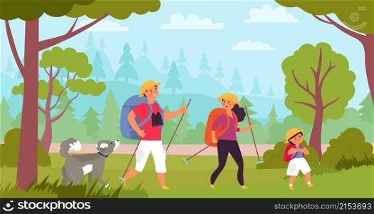 Family hiking. Travelers hike, kids trekking in forest. Tourism vacation, adventure walk with parents and dog vector cartoon illustration. Trekking tourist, vacation outdoor, family activity landscape. Family hiking. Travelers hike, kids trekking in forest. Tourism vacation, adventure walk with parents and dog decent vector cartoon illustration
